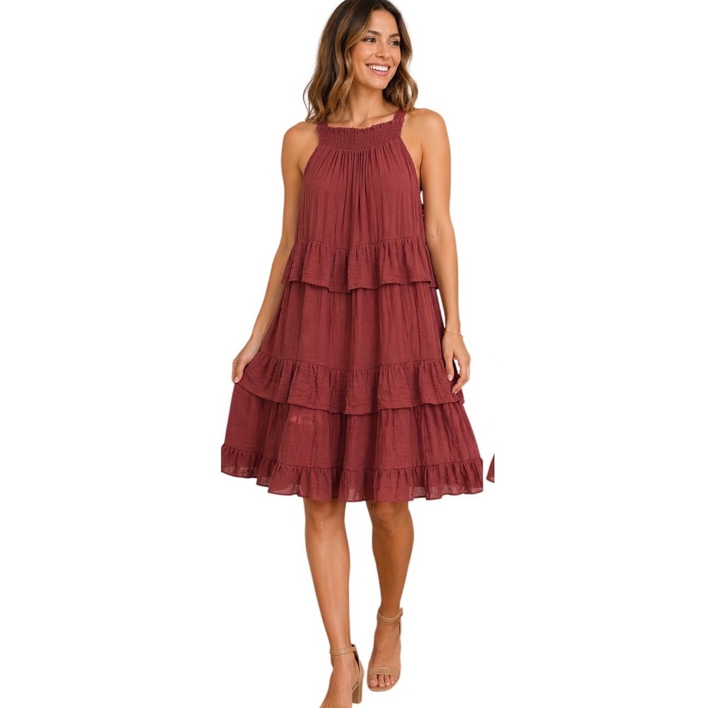 Grace + Karma Shift Dress Women's Small Rust Tiered Tie Back Sleeveless